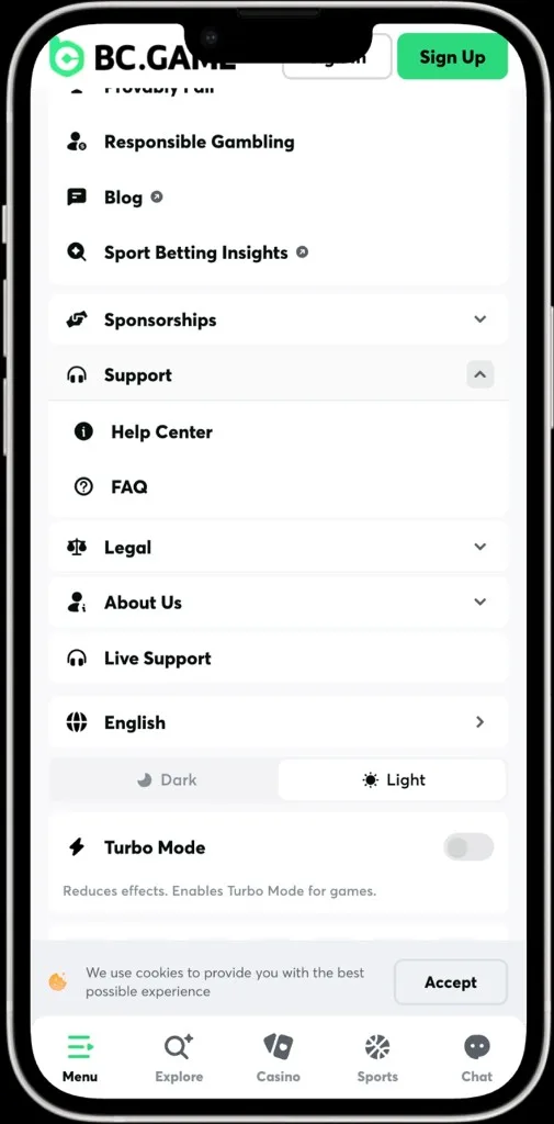 BC Game app – Main menu