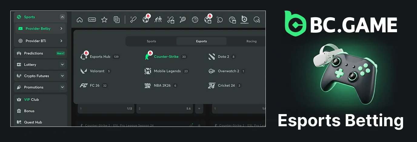 Esports betting at BC Game with CS2 and Dota 2 betting markets
